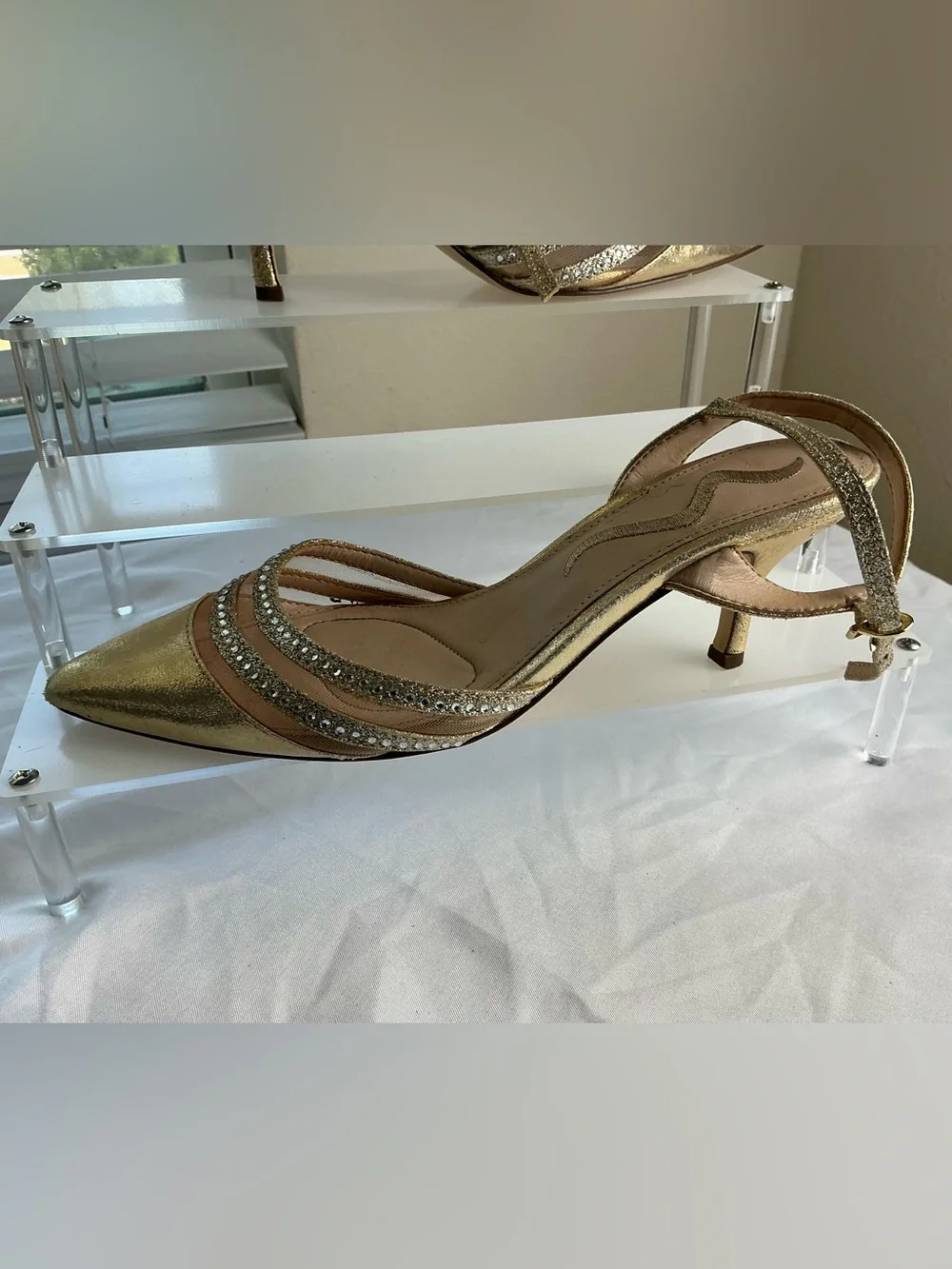 Nina Gold Rhinestone Slingback Kitten Heel Pointed Toe Pumps